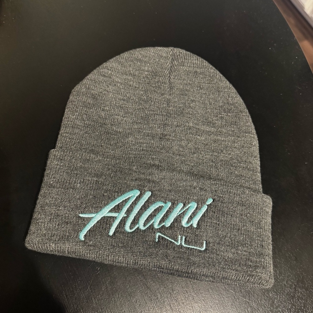 Alani Knit Beanie in Grey with Teal Script Embroidery